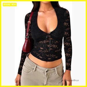 Long Sleeve Lace Crop Top V-Neck Bow Tie Y2K Slim Fit Blouse